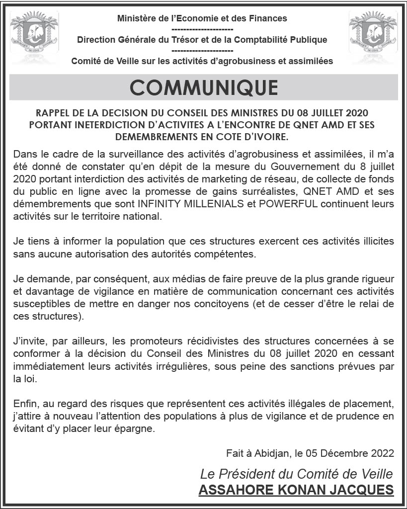 Communiqué de la Direction Générale du Trésor Public de Côte d'Ivoire